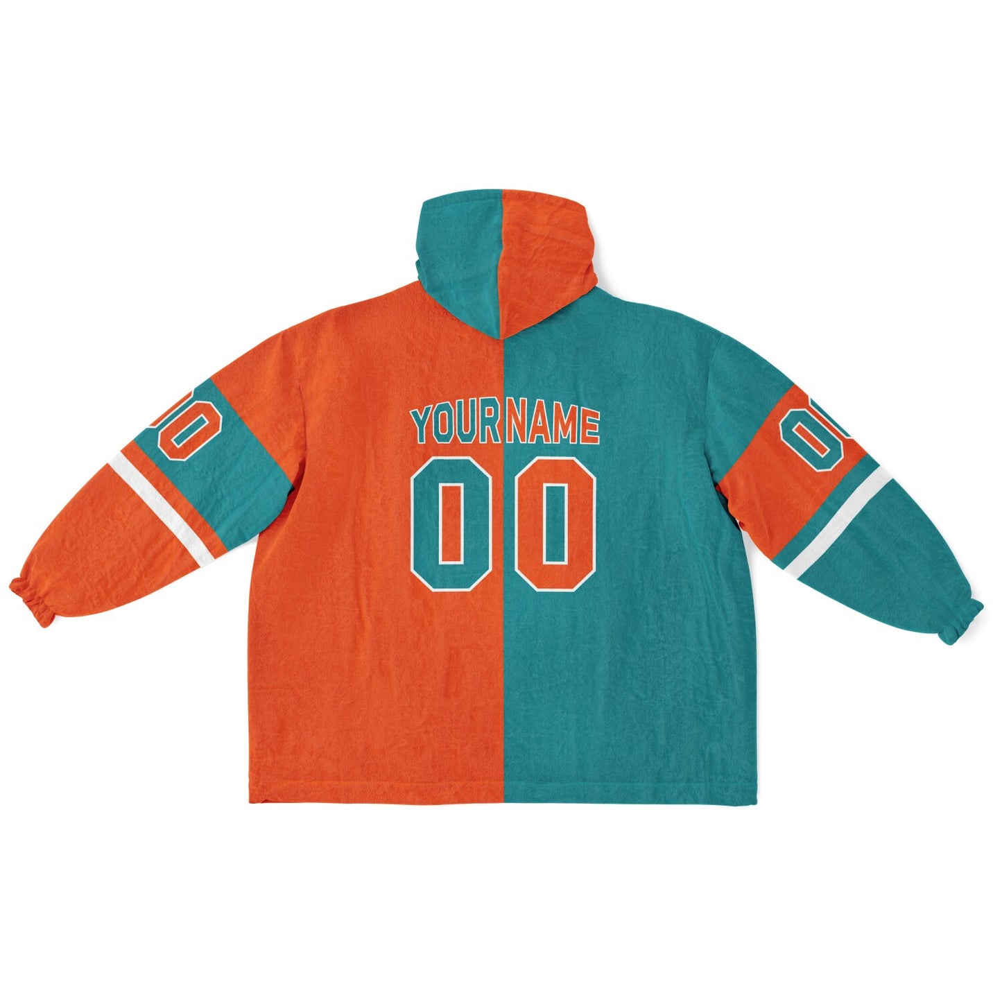 Aqua, orange and white halftime snug hoodie with three-tone split design and cozy fleece texture.