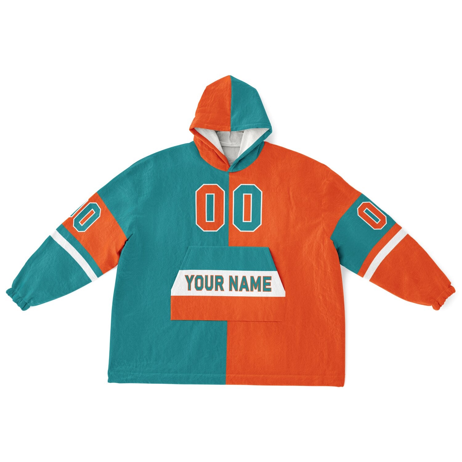 Aqua, orange and white halftime snug hoodie with three-tone split design and cozy fleece texture.