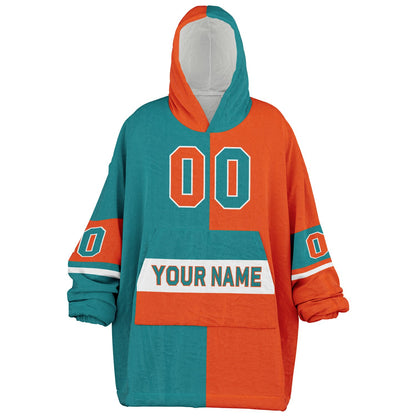 Aqua, orange and white halftime snug hoodie with three-tone split design and cozy fleece texture.