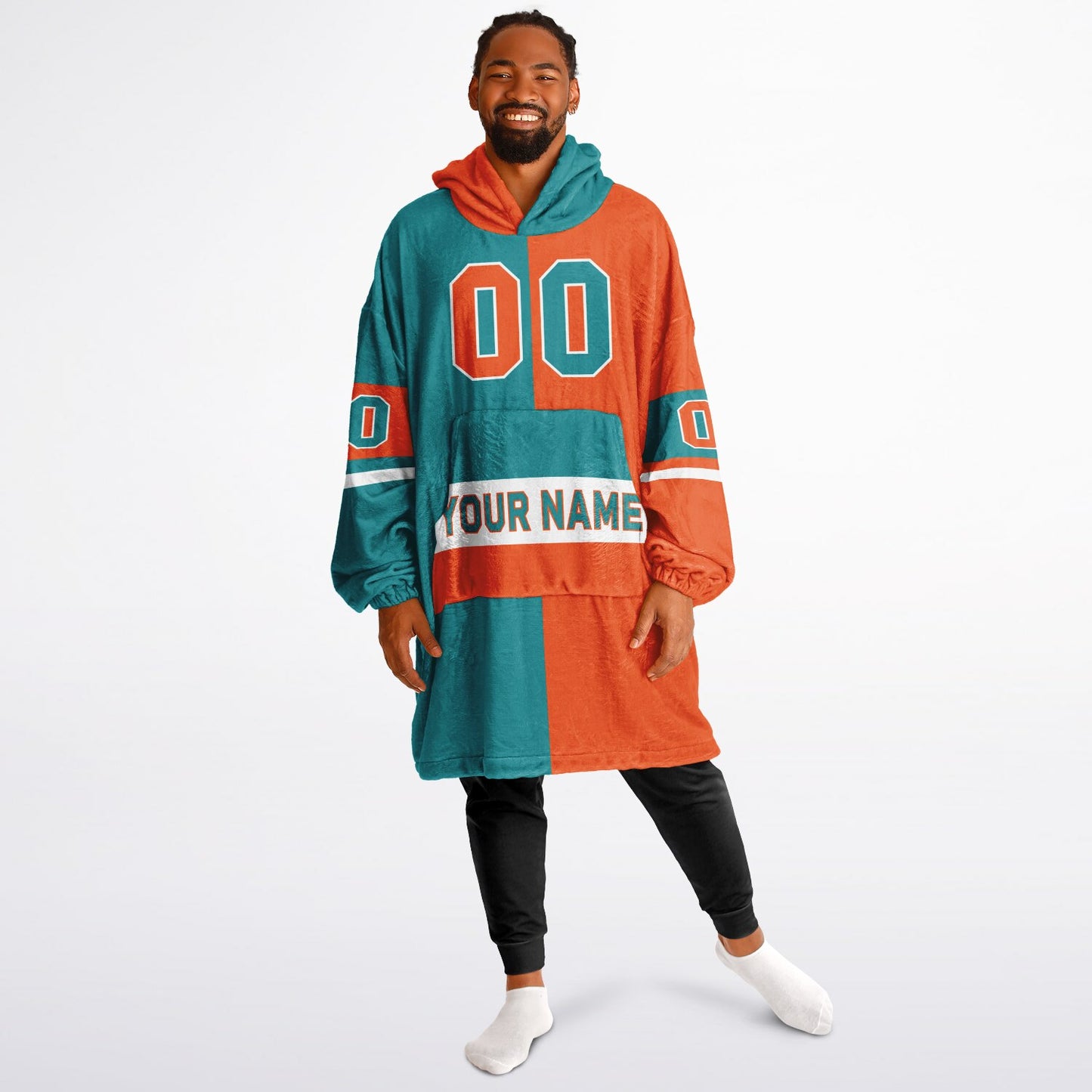 Aqua, orange and white halftime snug hoodie with three-tone split design and cozy fleece texture.