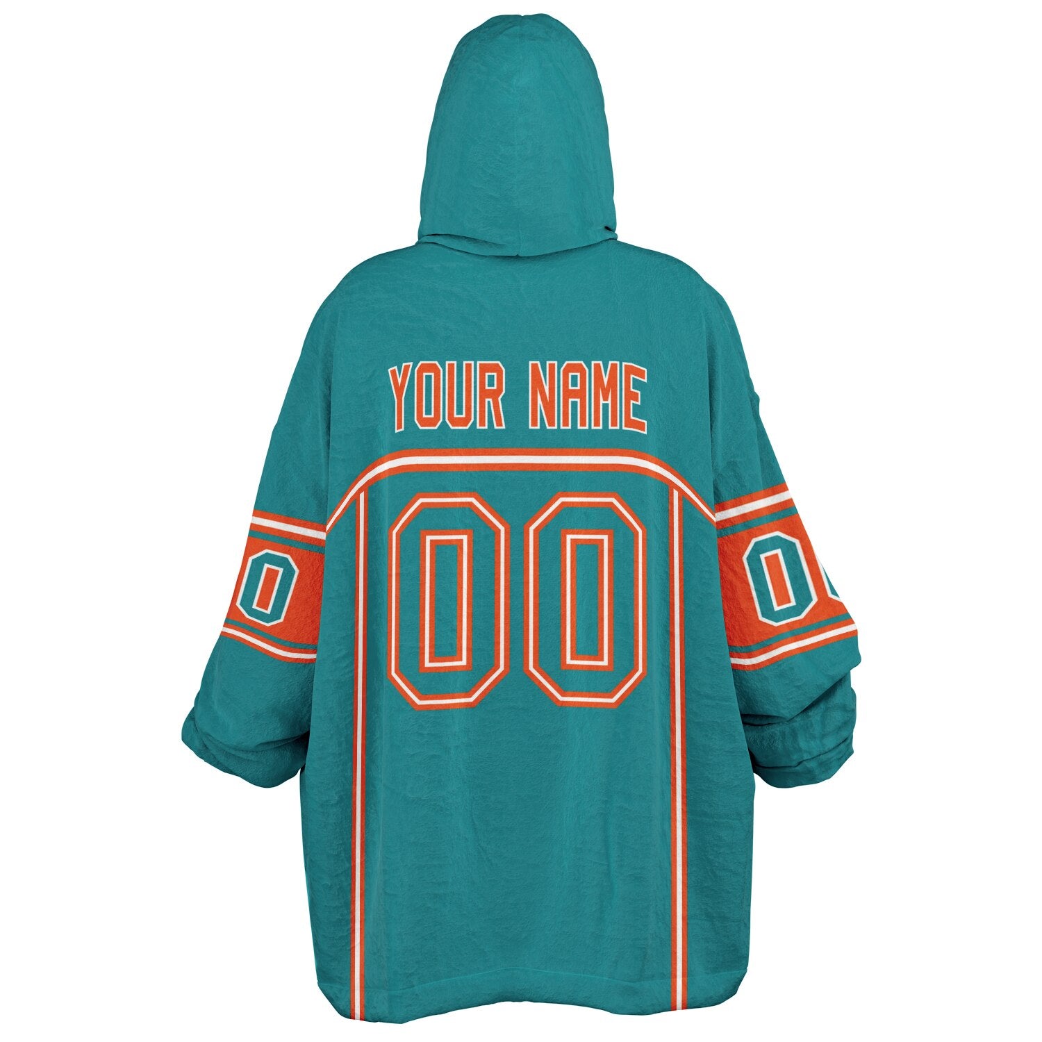 Aqua, orange, and white lineup snug hoodie with clean line work and subtle jersey influence.