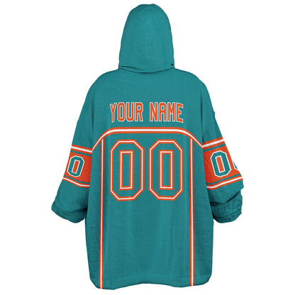 Aqua, orange, and white lineup snug hoodie with clean line work and subtle jersey influence.