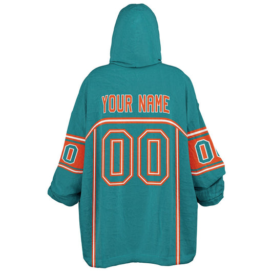 Aqua, orange, and white lineup snug hoodie with clean line work and subtle jersey influence.