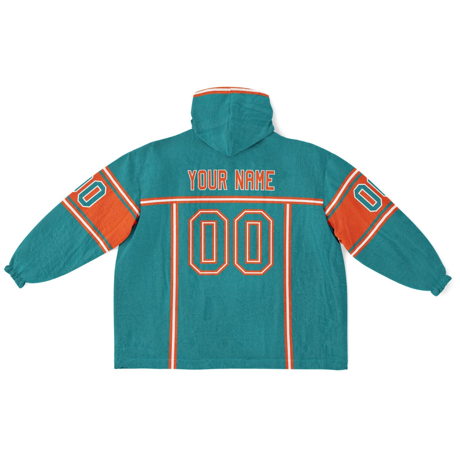Aqua, orange, and white lineup snug hoodie with clean line work and subtle jersey influence.