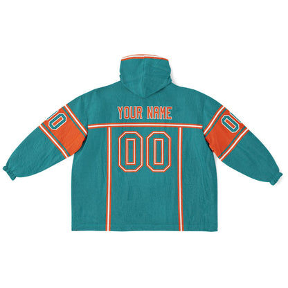 Aqua, orange, and white lineup snug hoodie with clean line work and subtle jersey influence.