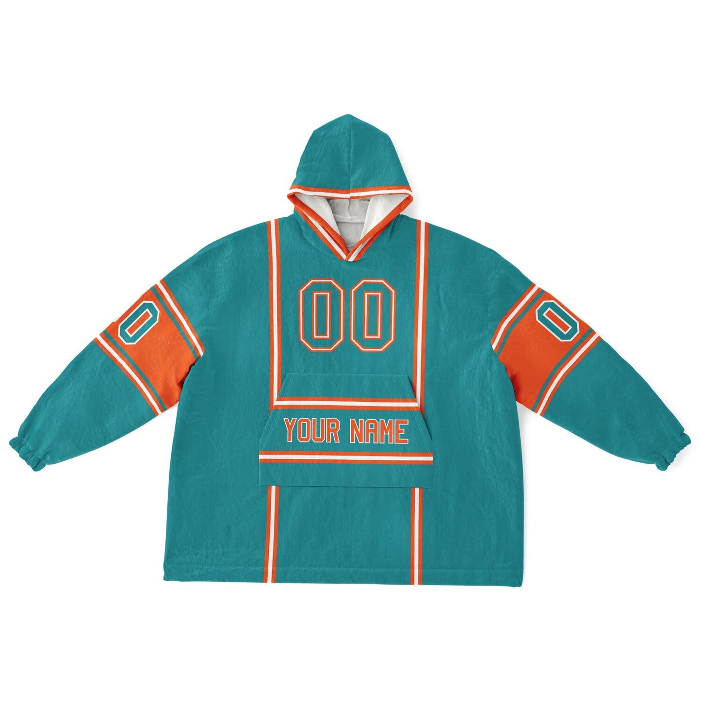 Aqua, orange, and white lineup snug hoodie with clean line work and subtle jersey influence.