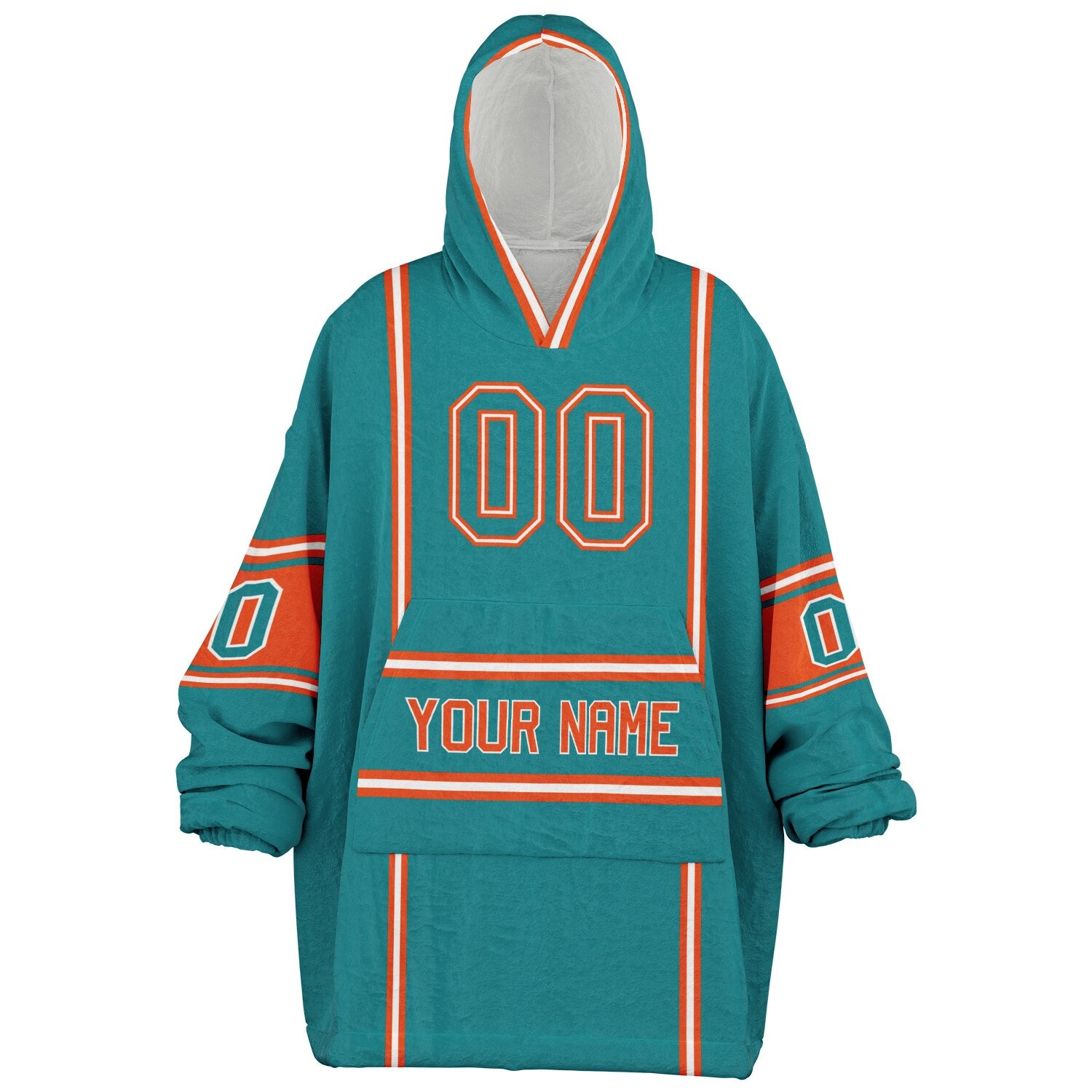 Aqua, orange, and white lineup snug hoodie with clean line work and subtle jersey influence.
