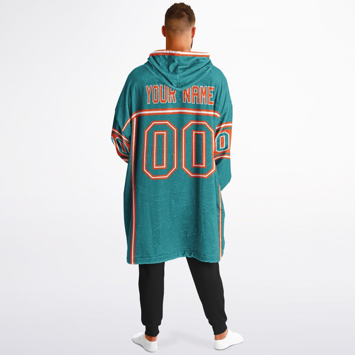 Aqua, orange, and white lineup snug hoodie with clean line work and subtle jersey influence.