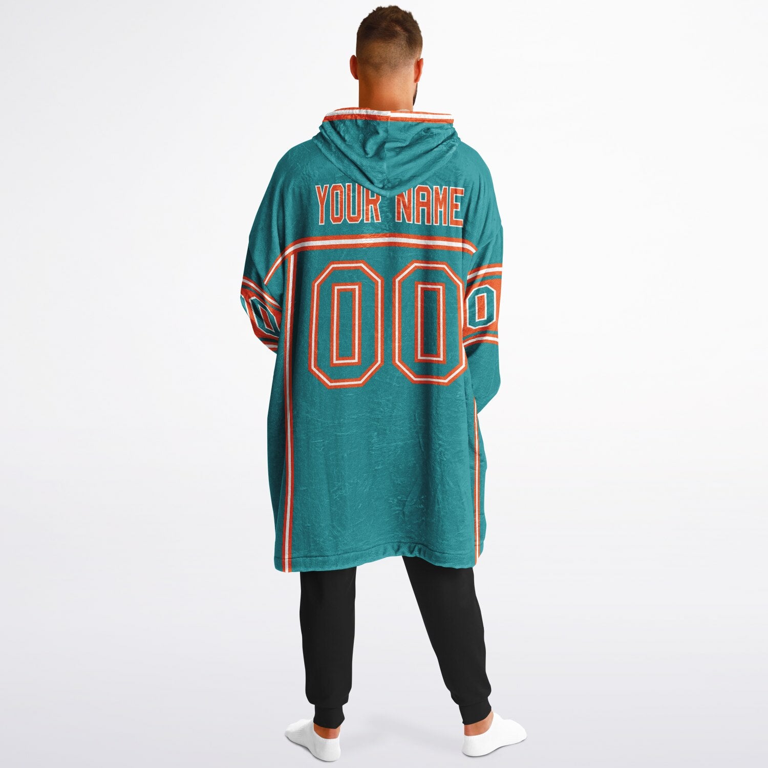 Aqua, orange, and white lineup snug hoodie with clean line work and subtle jersey influence.