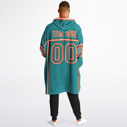 Aqua, orange, and white lineup snug hoodie with clean line work and subtle jersey influence.