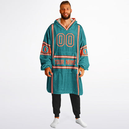 Aqua, orange, and white lineup snug hoodie with clean line work and subtle jersey influence.