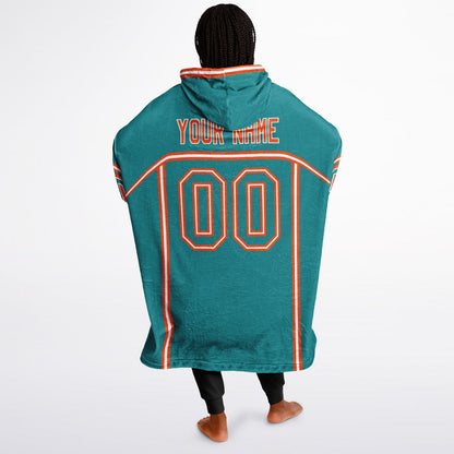 Aqua, orange, and white lineup snug hoodie with clean line work and subtle jersey influence.