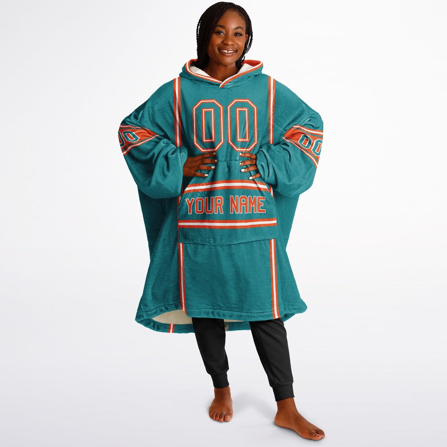 Aqua, orange, and white lineup snug hoodie with clean line work and subtle jersey influence.