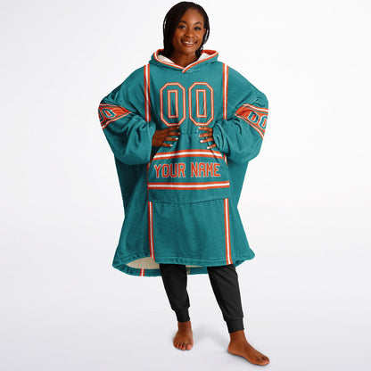 Aqua, orange, and white lineup snug hoodie with clean line work and subtle jersey influence.