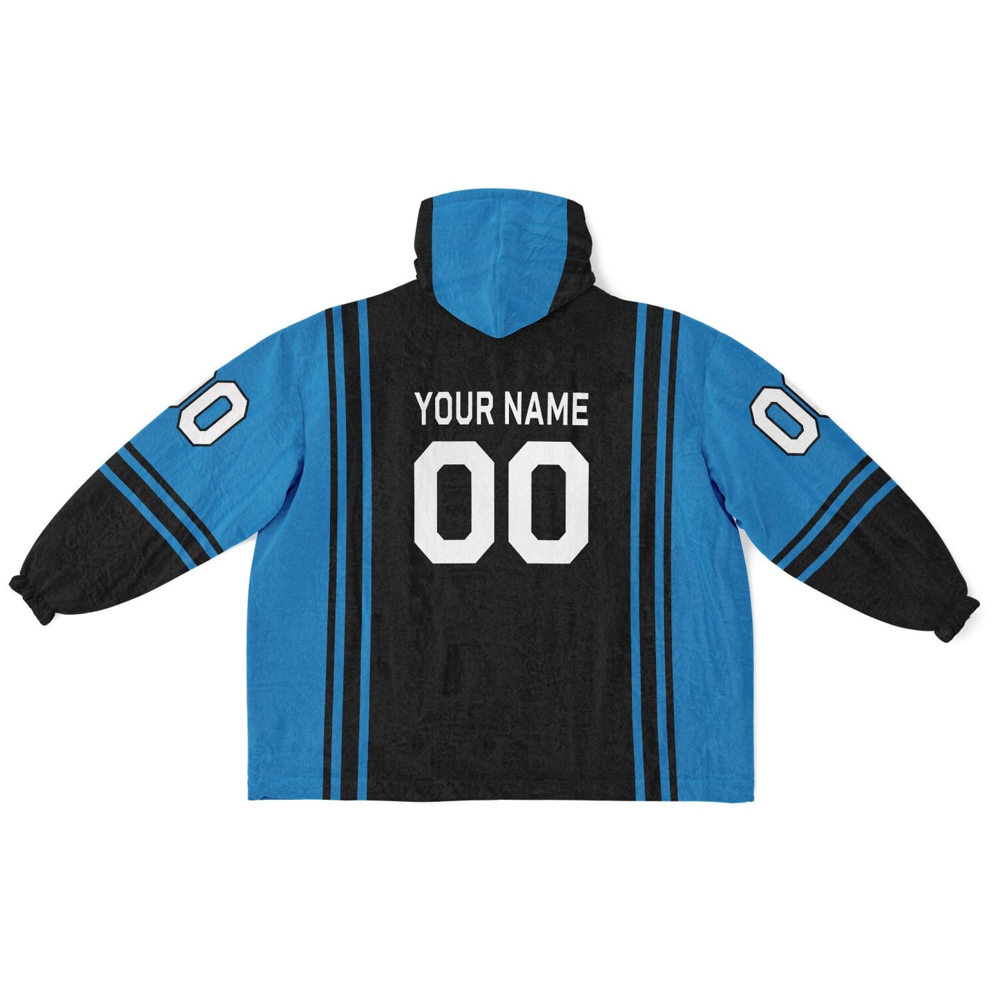 Black and blue bold snug hoodie with modern color-block design and soft loungewear fit.