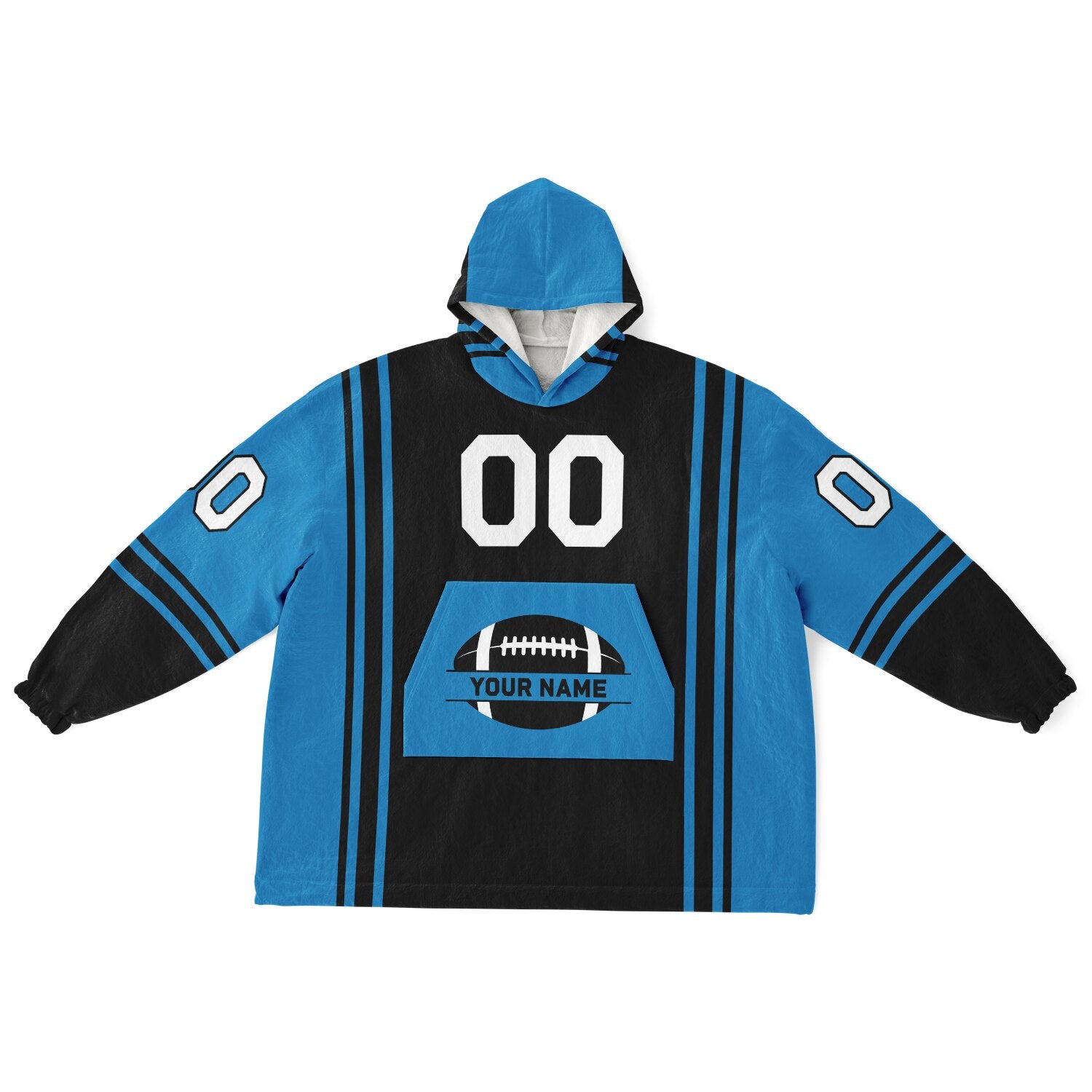 Black and blue bold snug hoodie with modern color-block design and soft loungewear fit.