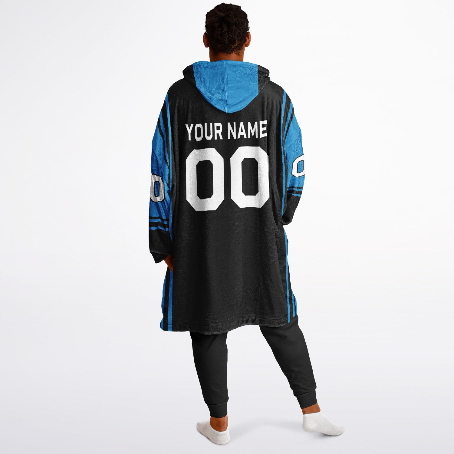 Black and blue bold snug hoodie with modern color-block design and soft loungewear fit.