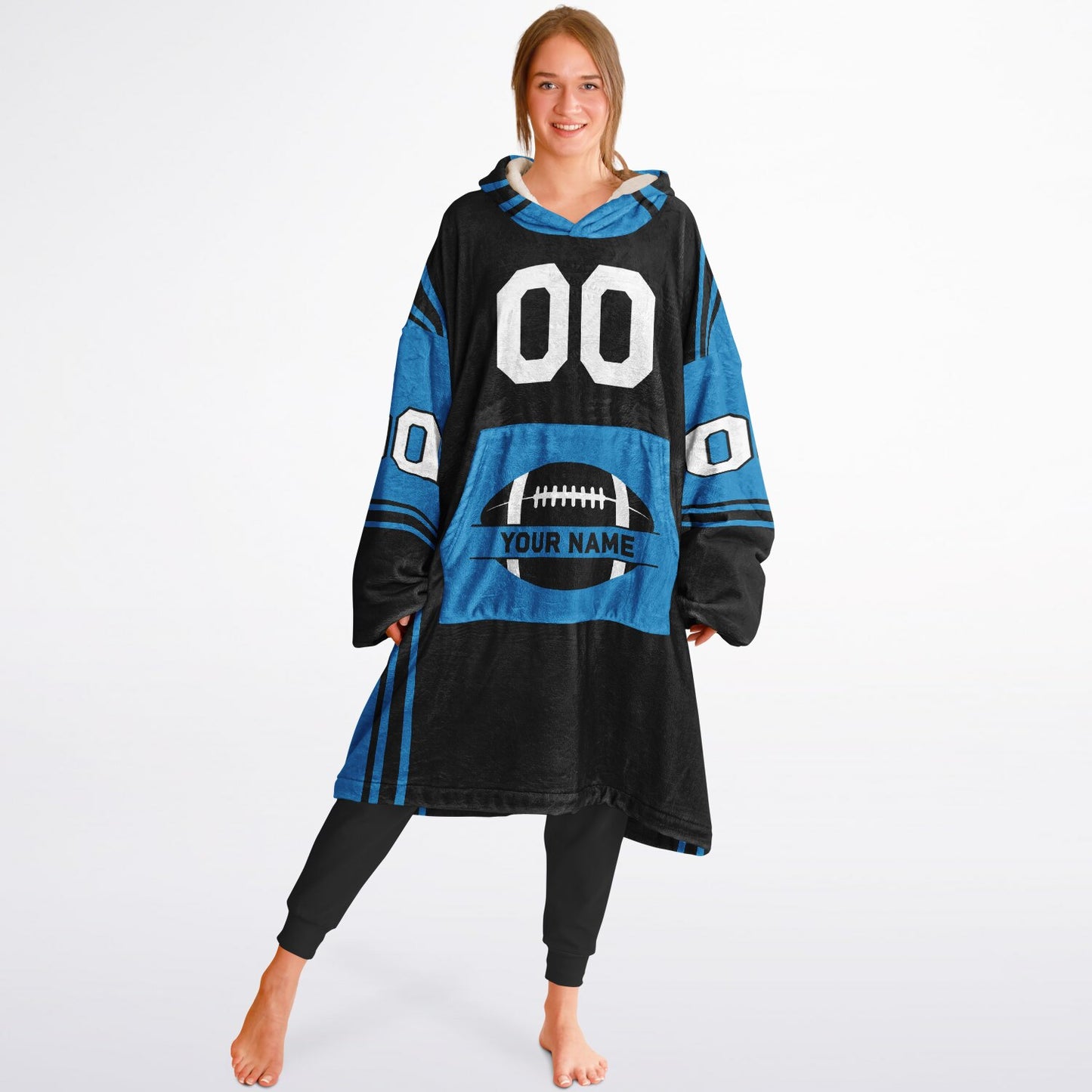 Black and blue bold snug hoodie with modern color-block design and soft loungewear fit.