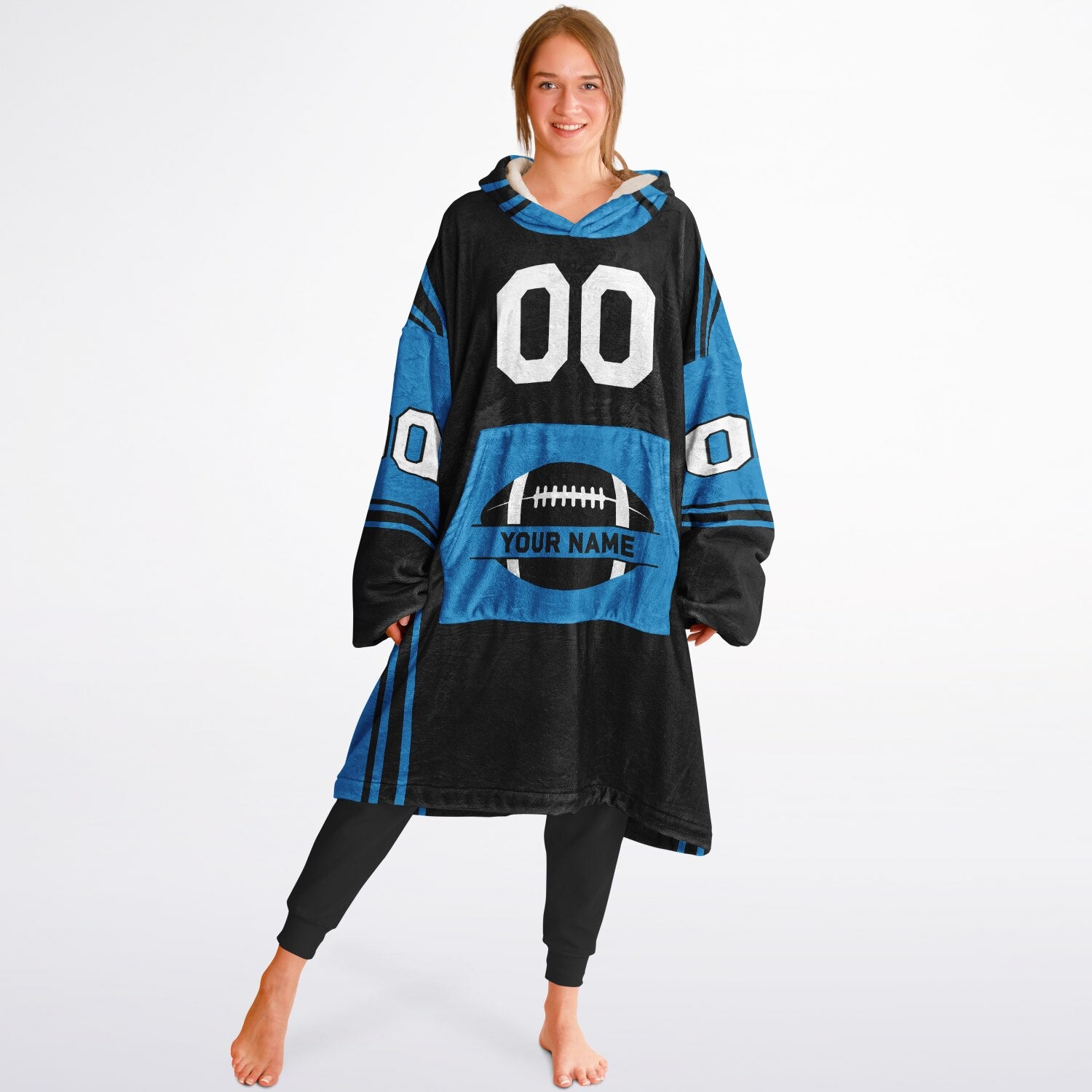 Black and blue bold snug hoodie with modern color-block design and soft loungewear fit.