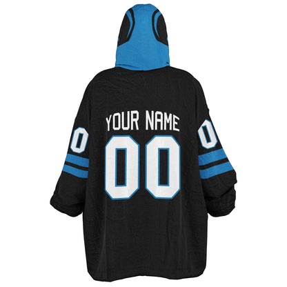 Black and blue classic snug hoodie featuring jersey-style stripes and personalized name and number.