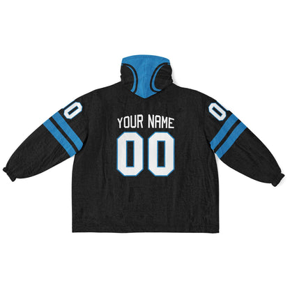 Black and blue classic snug hoodie featuring jersey-style stripes and personalized name and number.