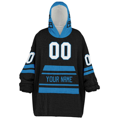 Black and blue classic snug hoodie featuring jersey-style stripes and personalized name and number.