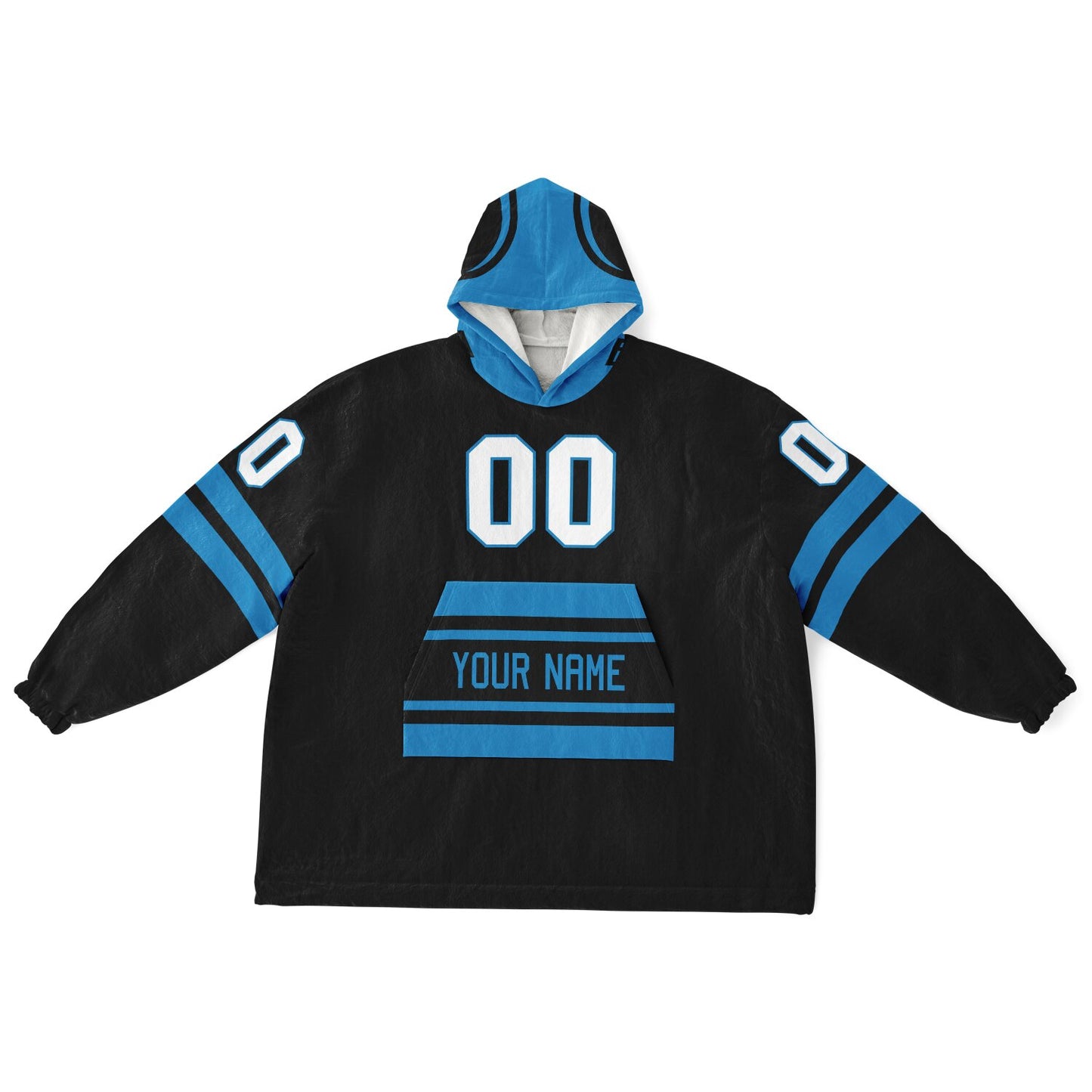 Black and blue classic snug hoodie featuring jersey-style stripes and personalized name and number.