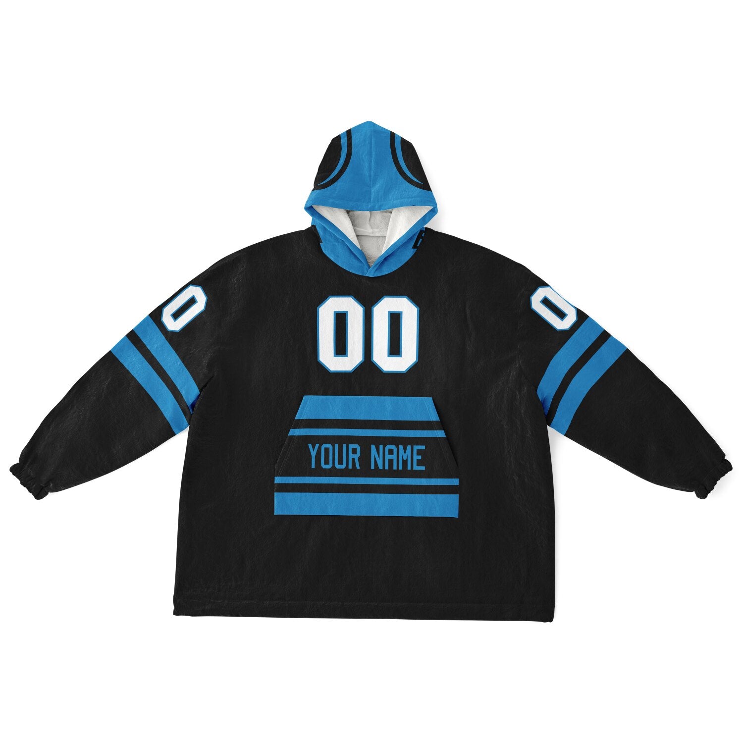 Black and blue classic snug hoodie featuring jersey-style stripes and personalized name and number.