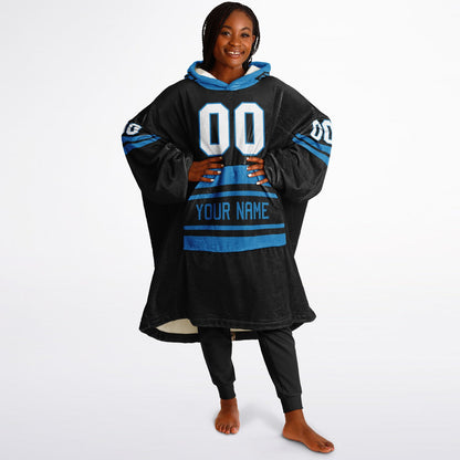 Black and blue classic snug hoodie featuring jersey-style stripes and personalized name and number.