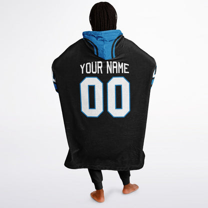 Black and blue classic snug hoodie featuring jersey-style stripes and personalized name and number.