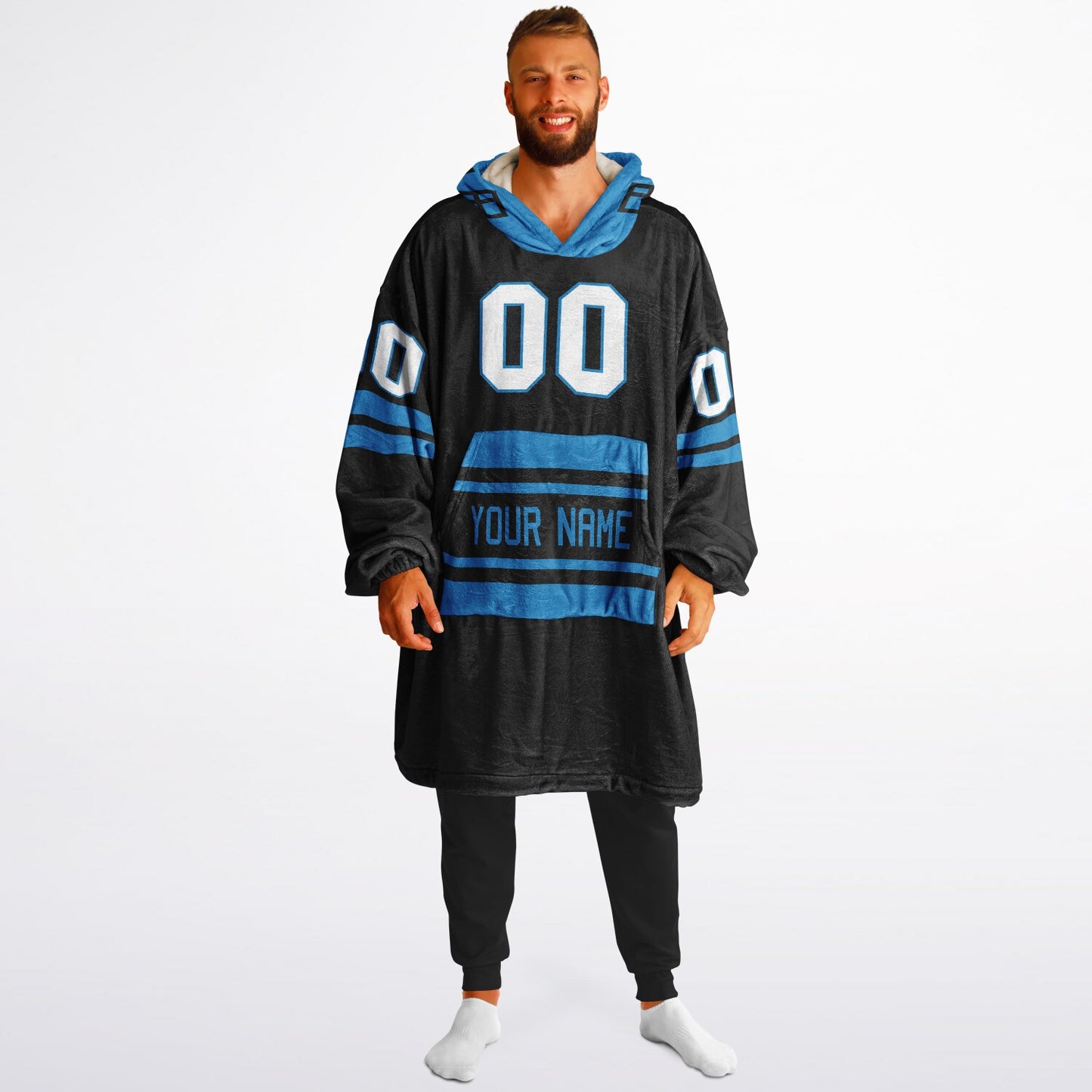Black and blue classic snug hoodie featuring jersey-style stripes and personalized name and number.