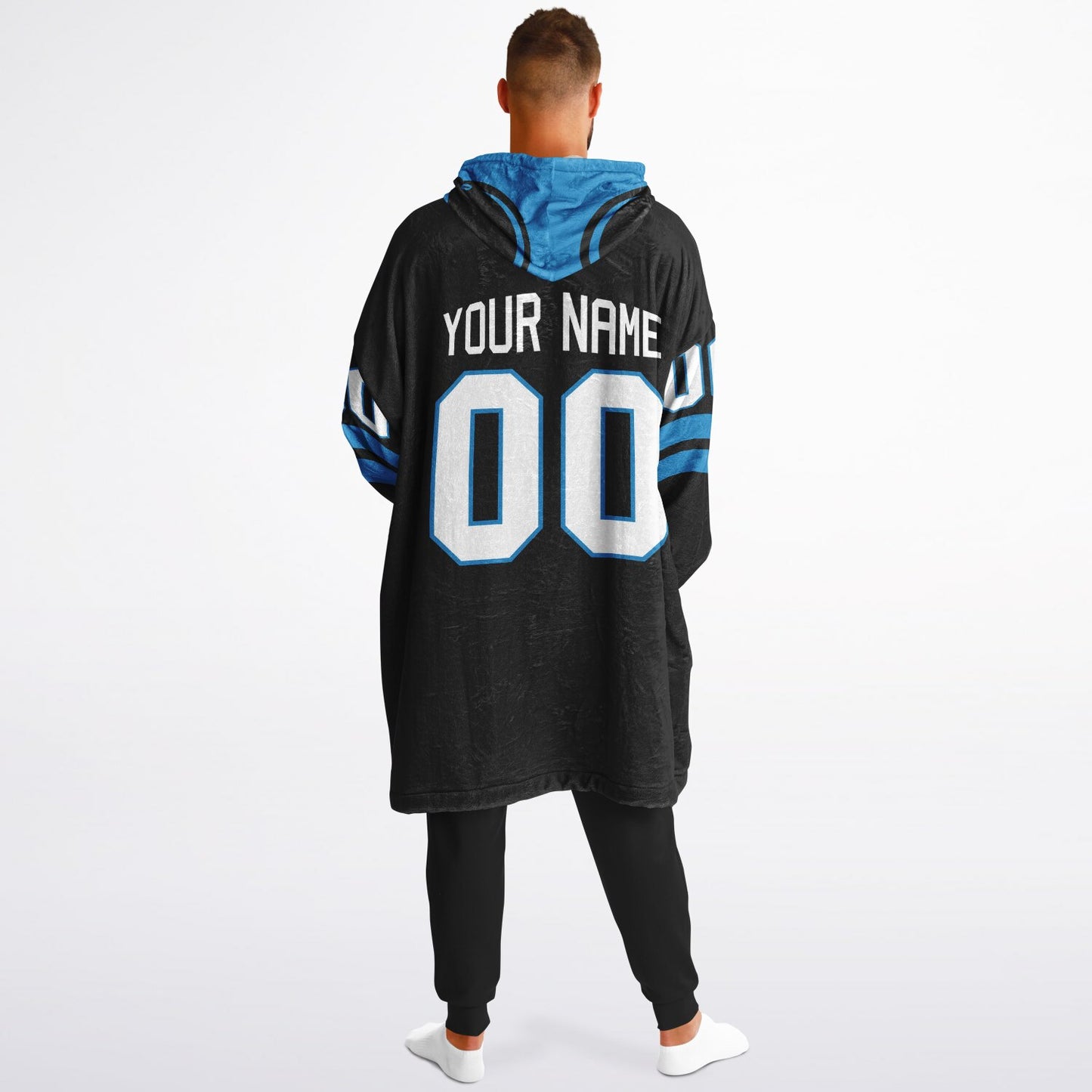 Black and blue classic snug hoodie featuring jersey-style stripes and personalized name and number.