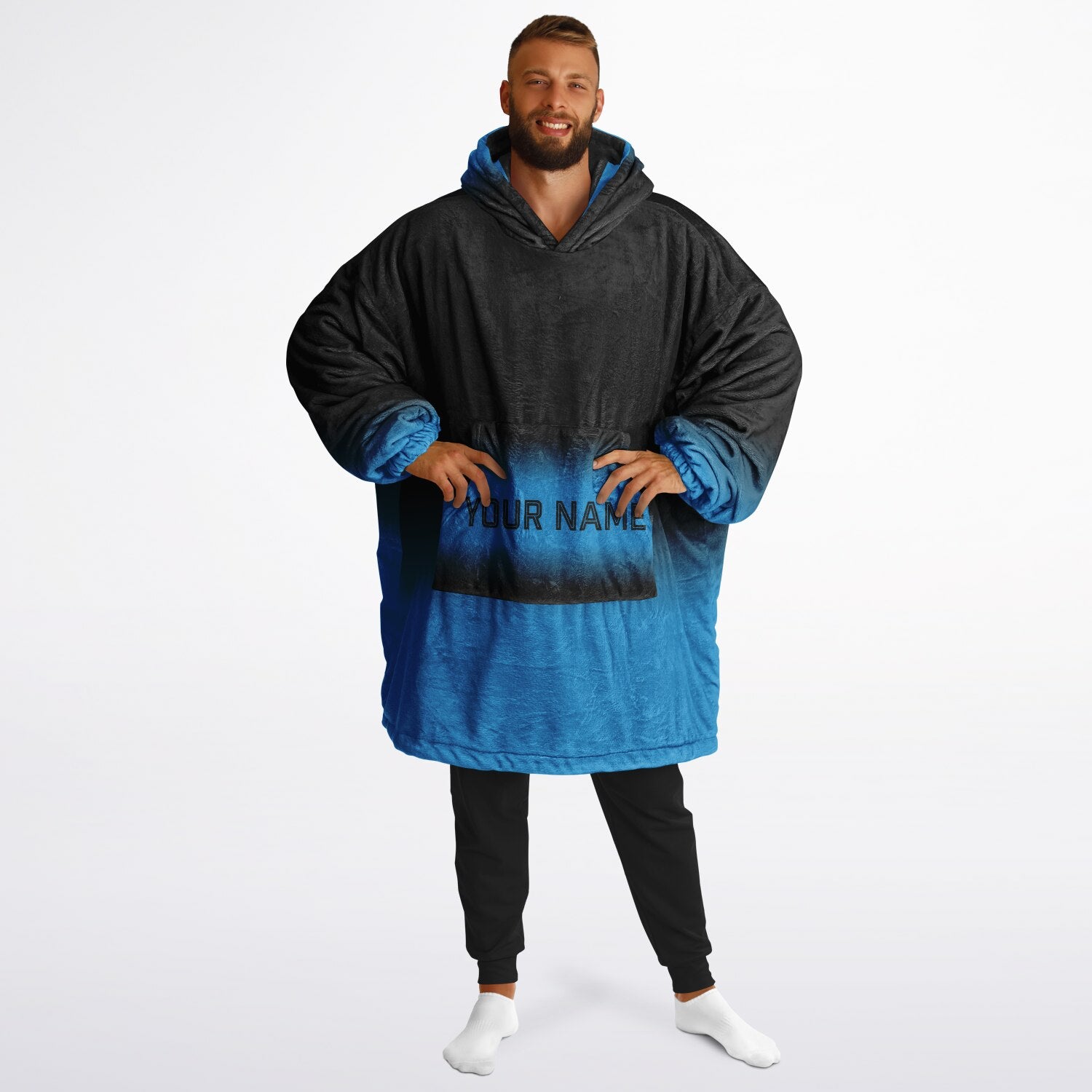 Black and blue reversible snug hoodie with soft interior lining and casual everyday style for football fans.