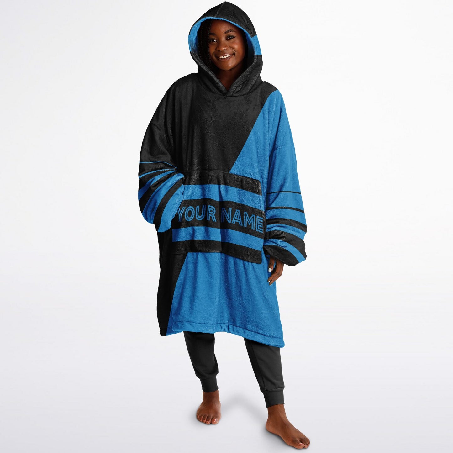 Black and blue reversible snug hoodie with soft interior lining and casual everyday style for football fans.