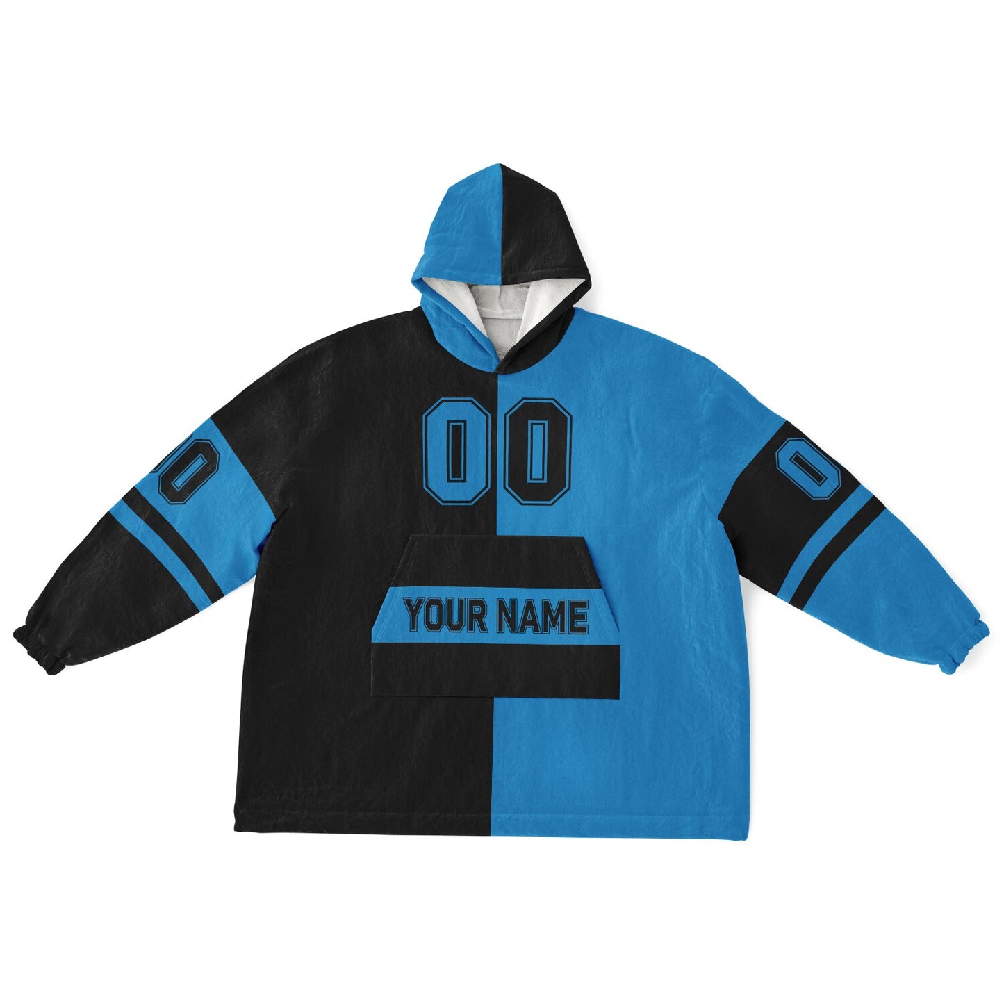 Black and blue halftime snug hoodie featuring a symmetrical split design for a dynamic game-day look.