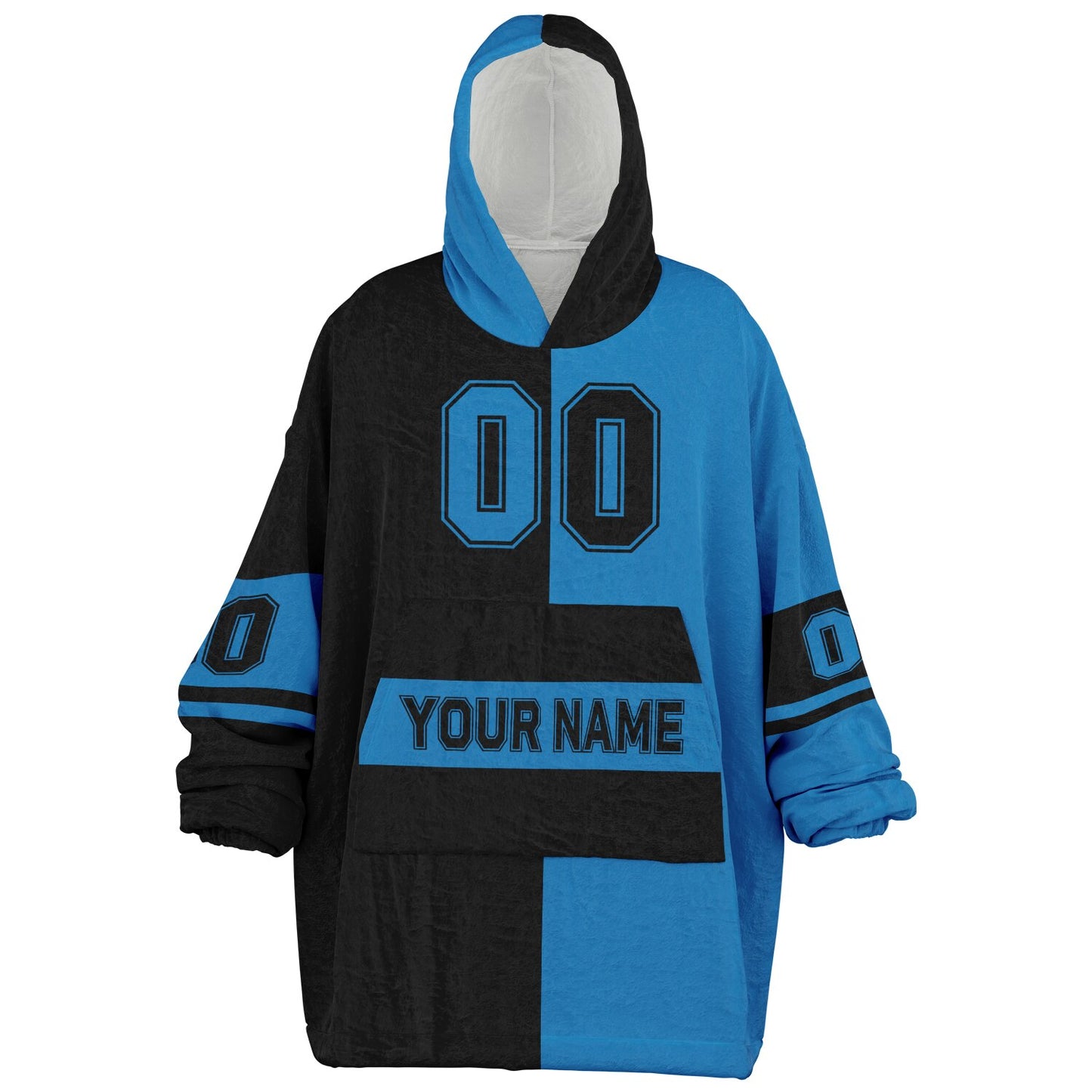 Black and blue halftime snug hoodie featuring a symmetrical split design for a dynamic game-day look.
