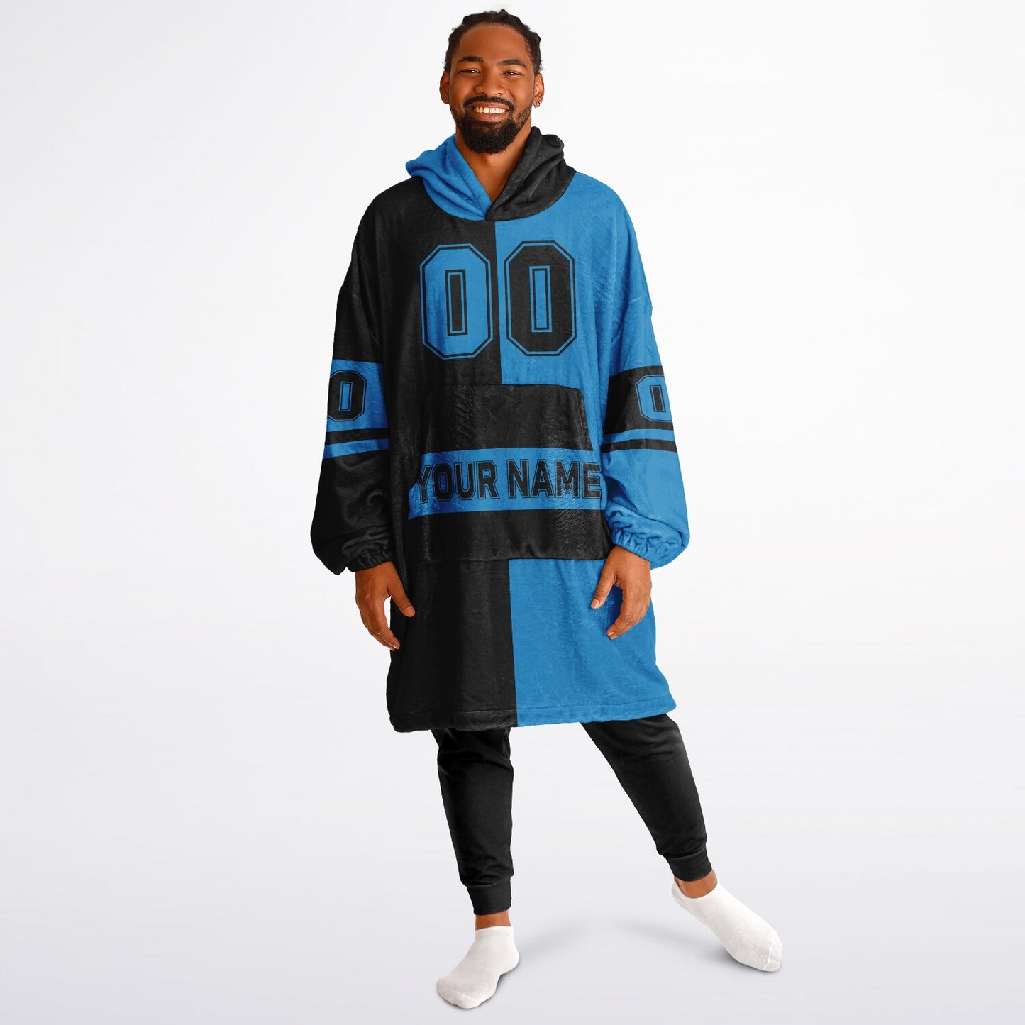 Black and blue halftime snug hoodie featuring a symmetrical split design for a dynamic game-day look.
