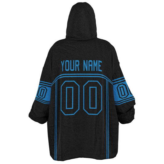 Black and blue lineup snug hoodie featuring sleek line-art details and minimalist team-inspired design.