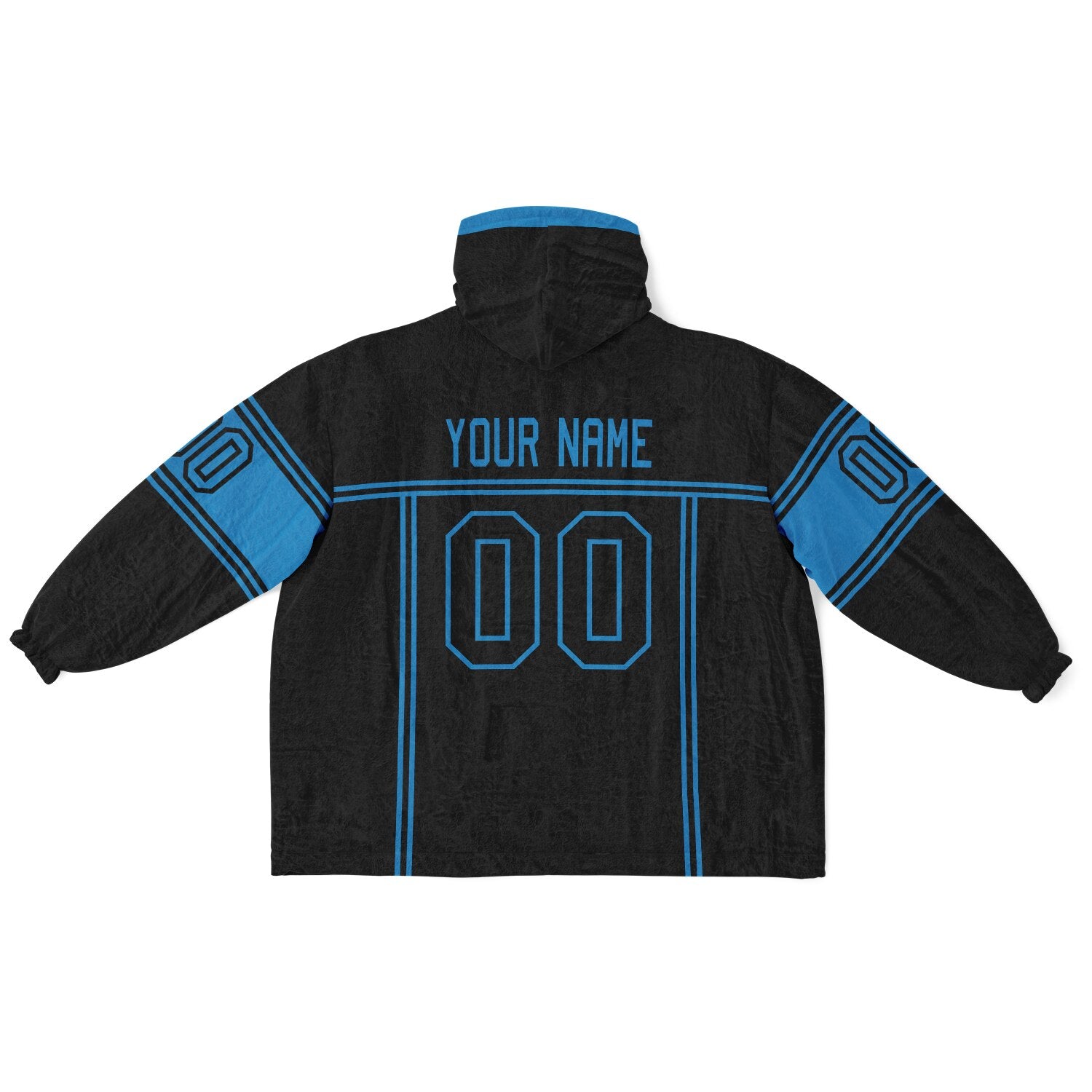 Black and blue lineup snug hoodie featuring sleek line-art details and minimalist team-inspired design.