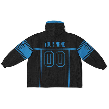 Black and blue lineup snug hoodie featuring sleek line-art details and minimalist team-inspired design.