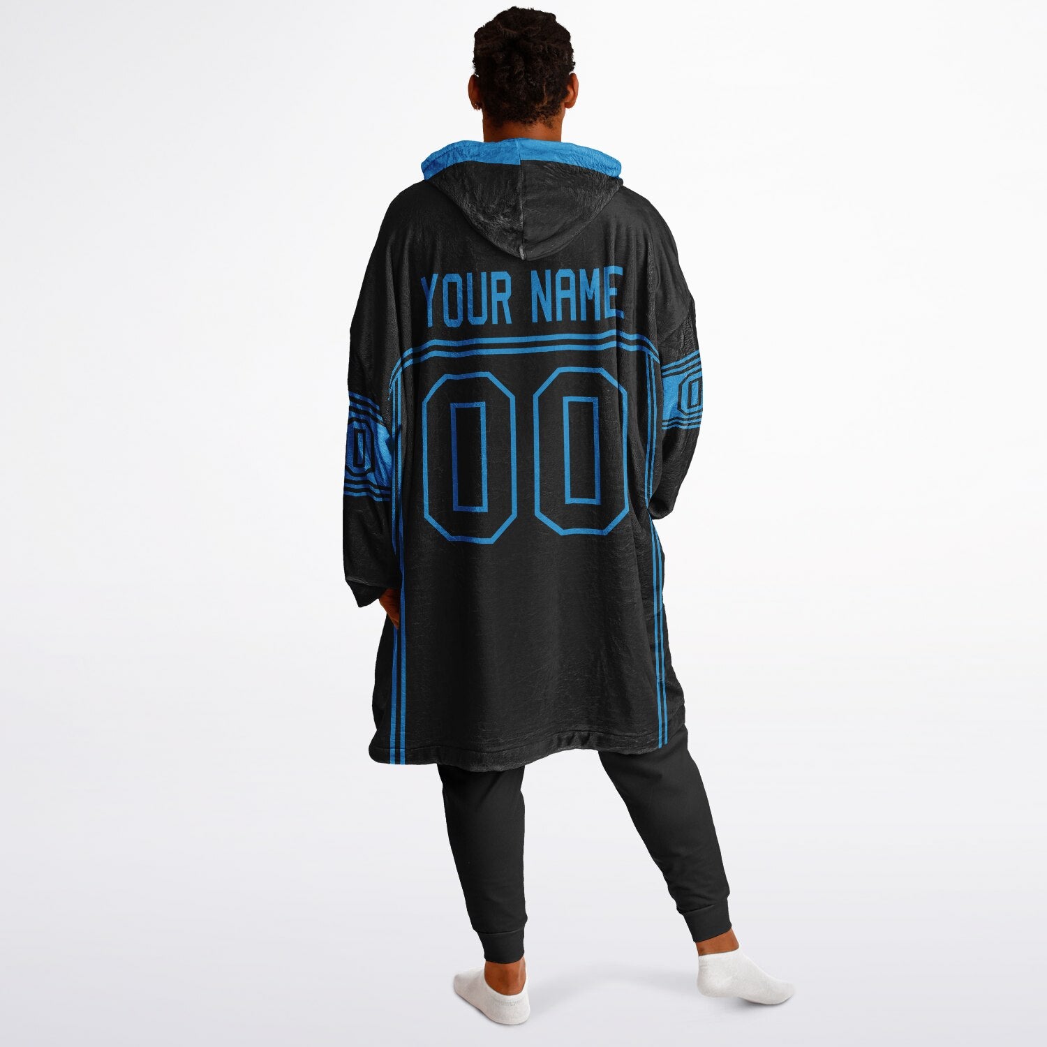 Black and blue lineup snug hoodie featuring sleek line-art details and minimalist team-inspired design.
