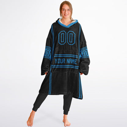 Black and blue lineup snug hoodie featuring sleek line-art details and minimalist team-inspired design.