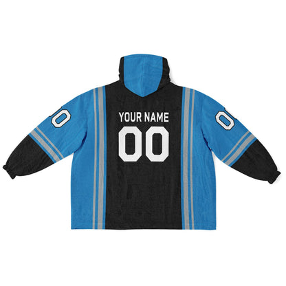 Black, blue, and silver bold snug hoodie with triple color blocking and a sporty aesthetic.