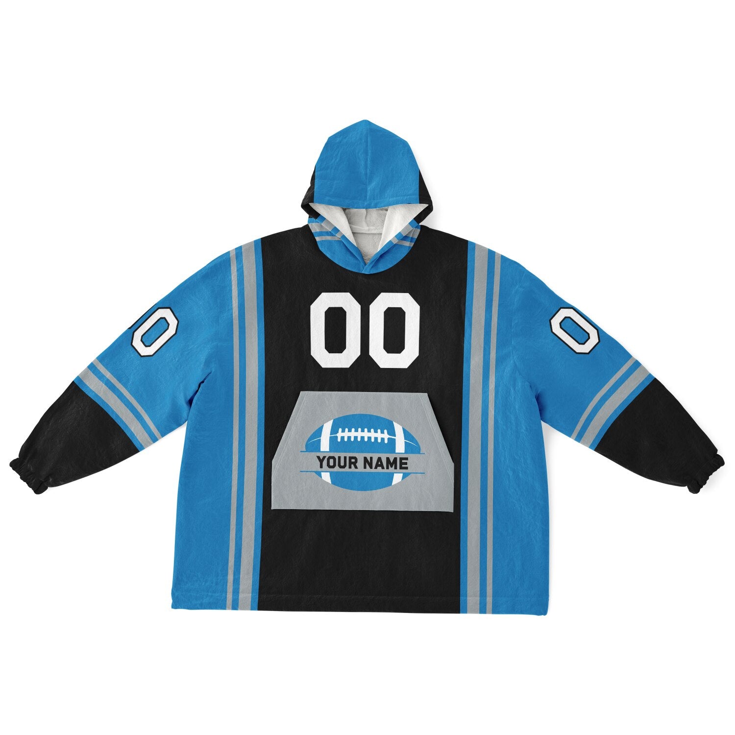 Black, blue, and silver bold snug hoodie with triple color blocking and a sporty aesthetic.