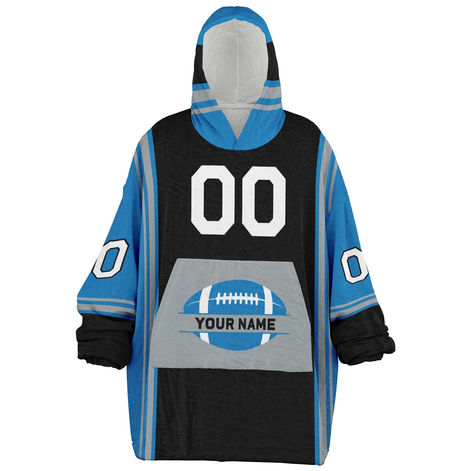 Black, blue, and silver bold snug hoodie with triple color blocking and a sporty aesthetic.