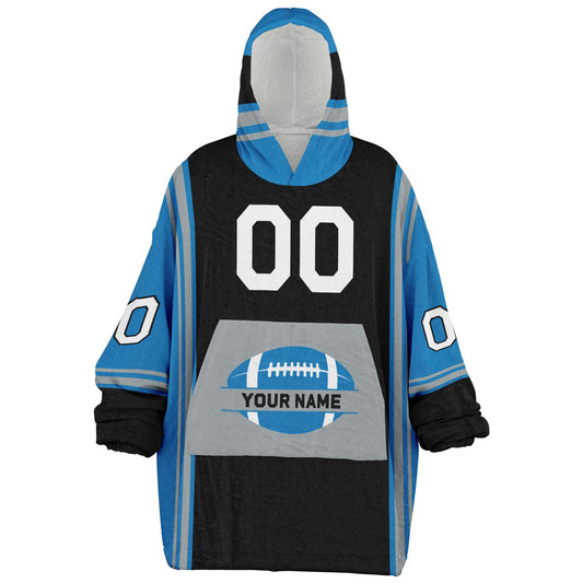 Black, blue, and silver bold snug hoodie with triple color blocking and a sporty aesthetic.