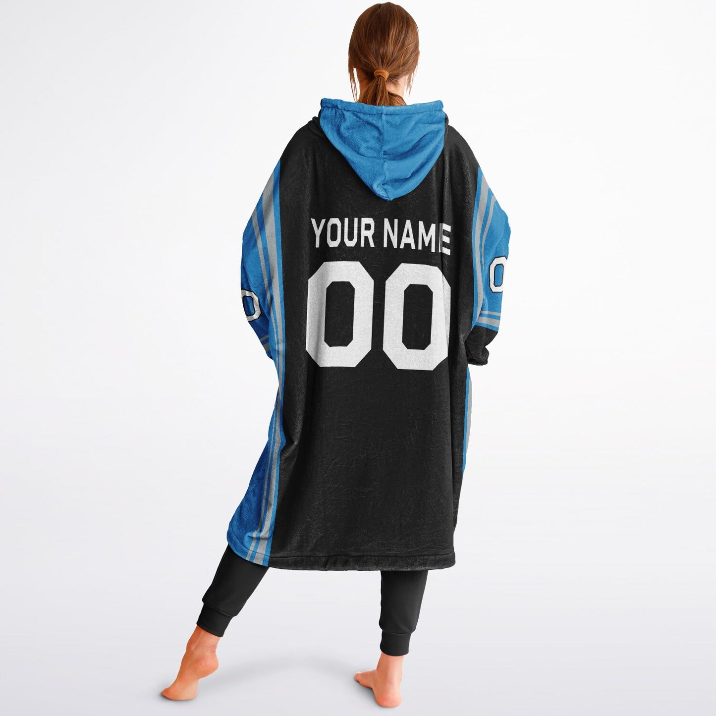 Black, blue, and silver bold snug hoodie with triple color blocking and a sporty aesthetic.