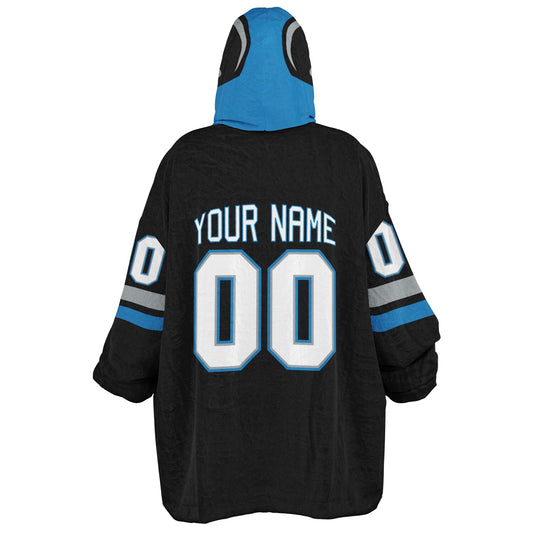Black, blue, and silver classic snug hoodie featuring authentic jersey striping and personalized number details.