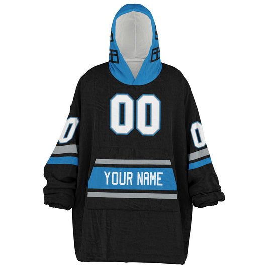 Black, blue, and silver classic snug hoodie featuring authentic jersey striping and personalized number details.