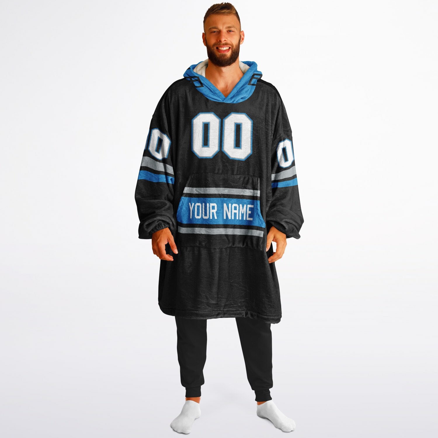 Black, blue, and silver classic snug hoodie featuring authentic jersey striping and personalized number details.